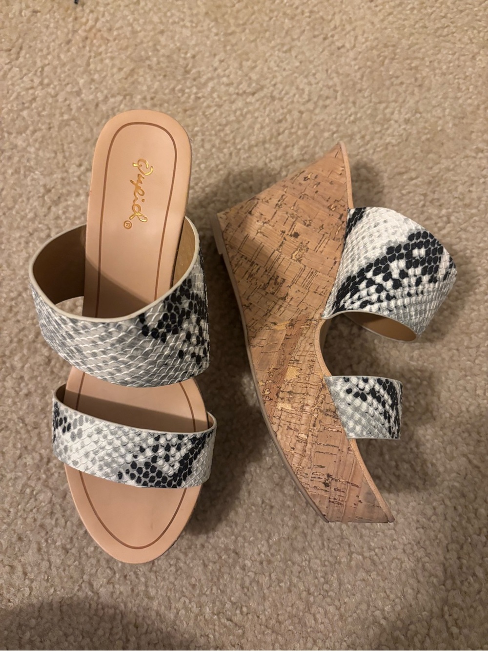 Qupid White & Black Snake-Print Cork Wedge Sandals